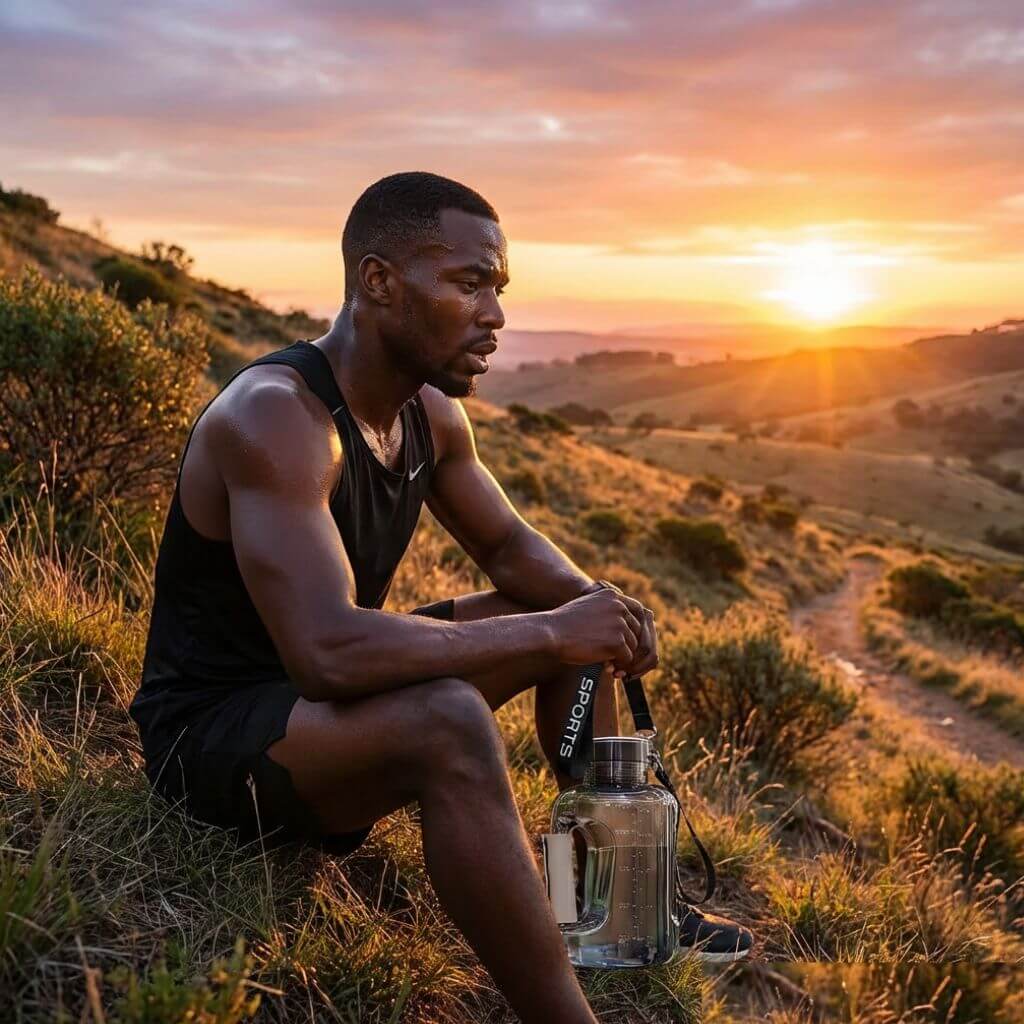 Man sitting on a hillside with a sunset in the background, holding a hydrogen water bottle.