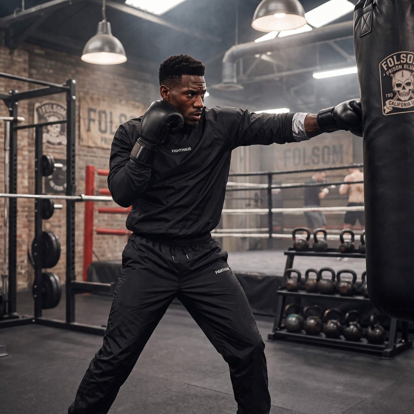 A man in a black sauna suit and boxing gloves punches a black heavy bag inside a gym with brick walls, hanging lights, and kettlebells in the background.