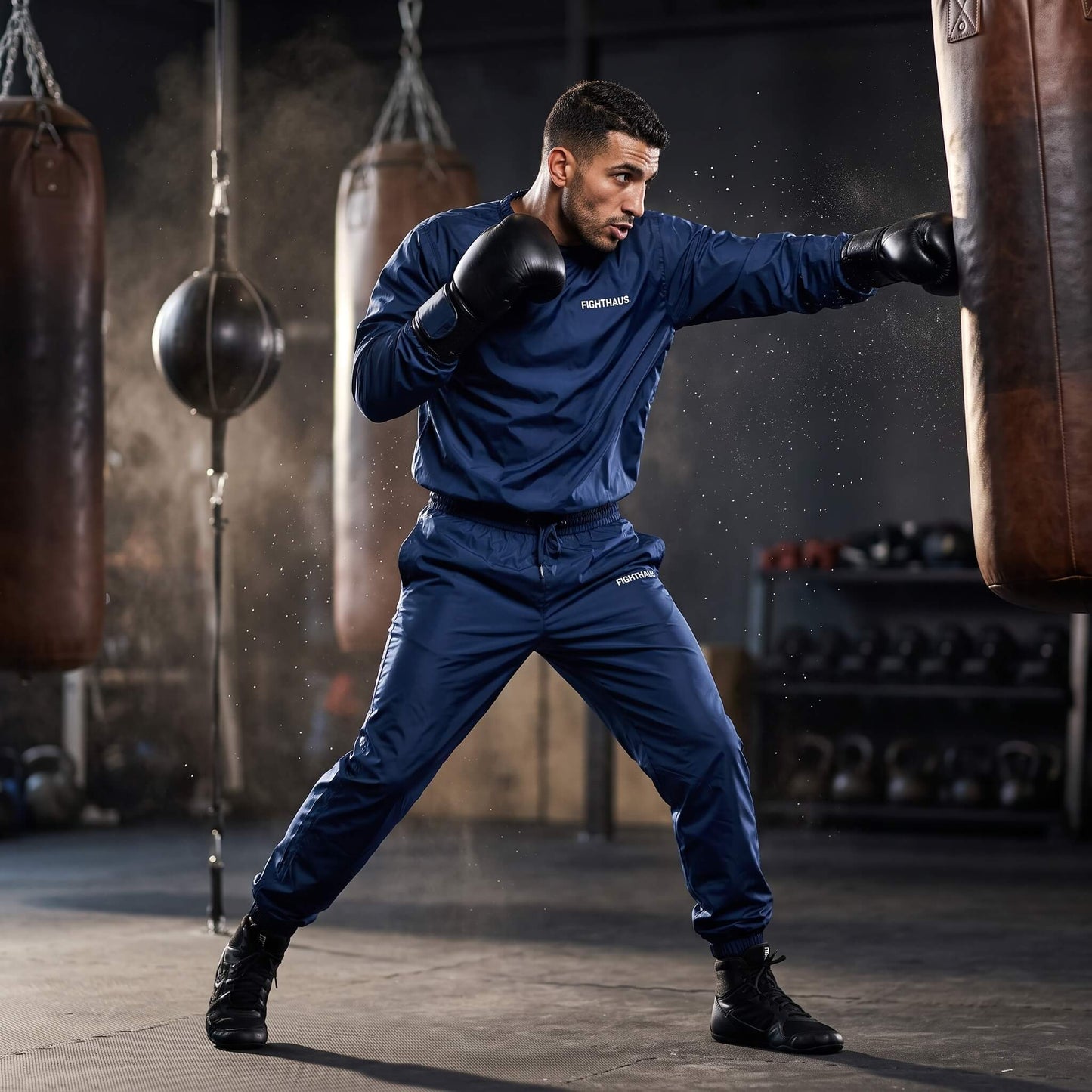 A man in a navy bluesauna suit and black boxing gloves poses in a gym, punching a hanging brown leather bag. The background shows other gym equipment and bags in a dimly lit, smoky training environment.
