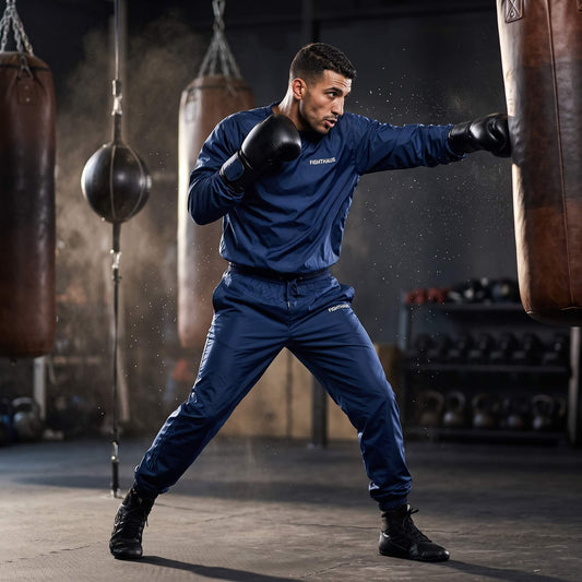 A man in a navy bluesauna suit and black boxing gloves poses in a gym, punching a hanging brown leather bag. The background shows other gym equipment and bags in a dimly lit, smoky training environment.