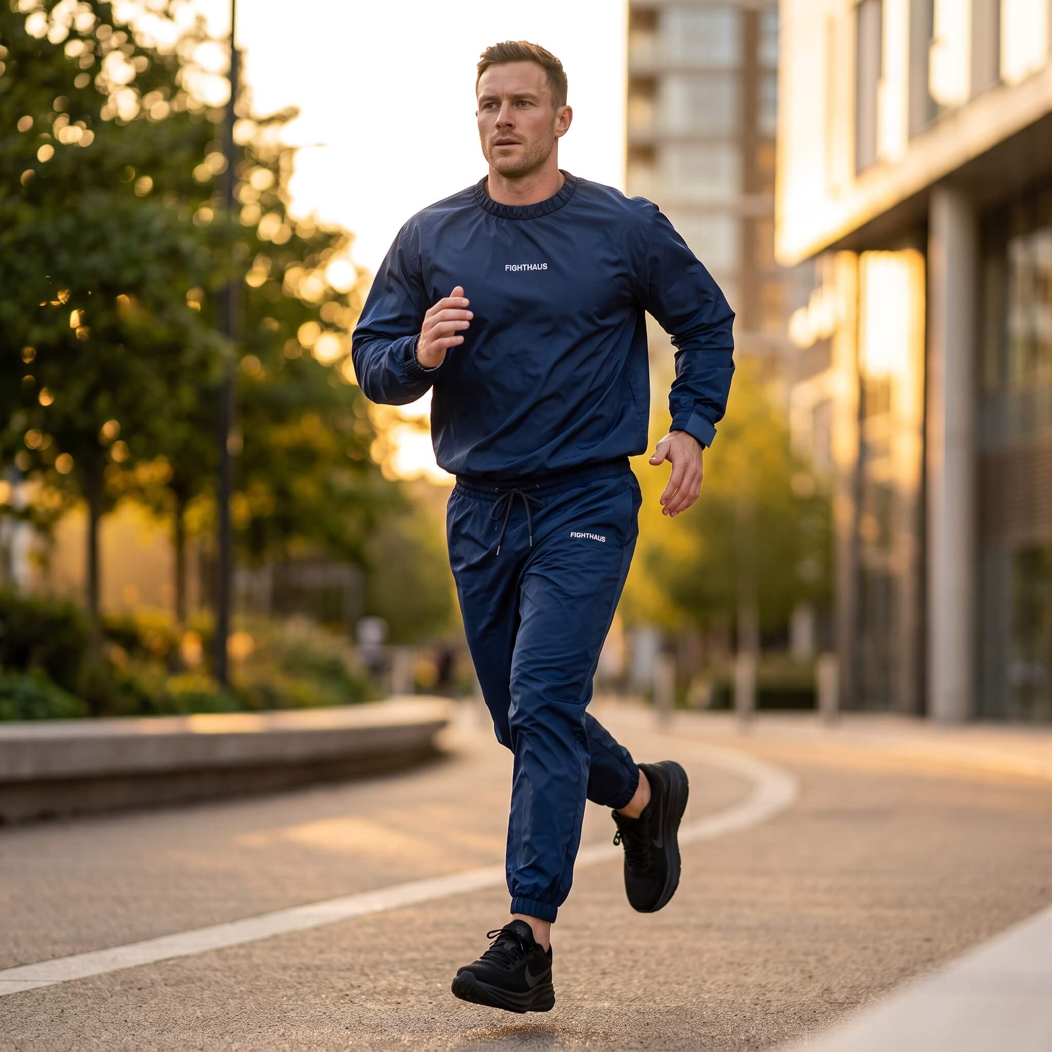 A man jogging outdoors in a navy blue sweat suit with black sneakers, captured in a warm, golden-hour urban setting.