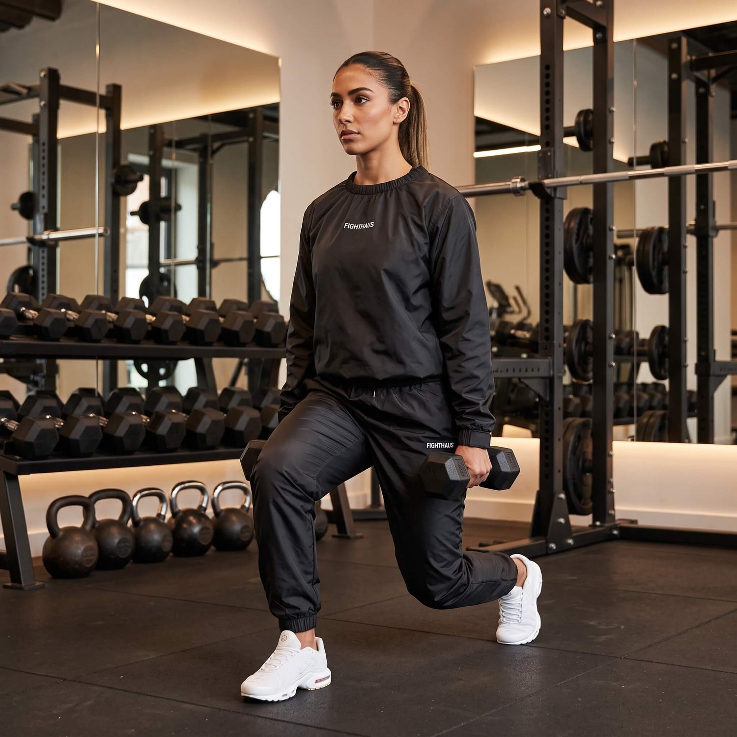 A woman in a black sauna suit performs a lunge in a modern gym, holding a hex dumbbell in one hand. The background features weight racks, kettlebells, and mirrors.