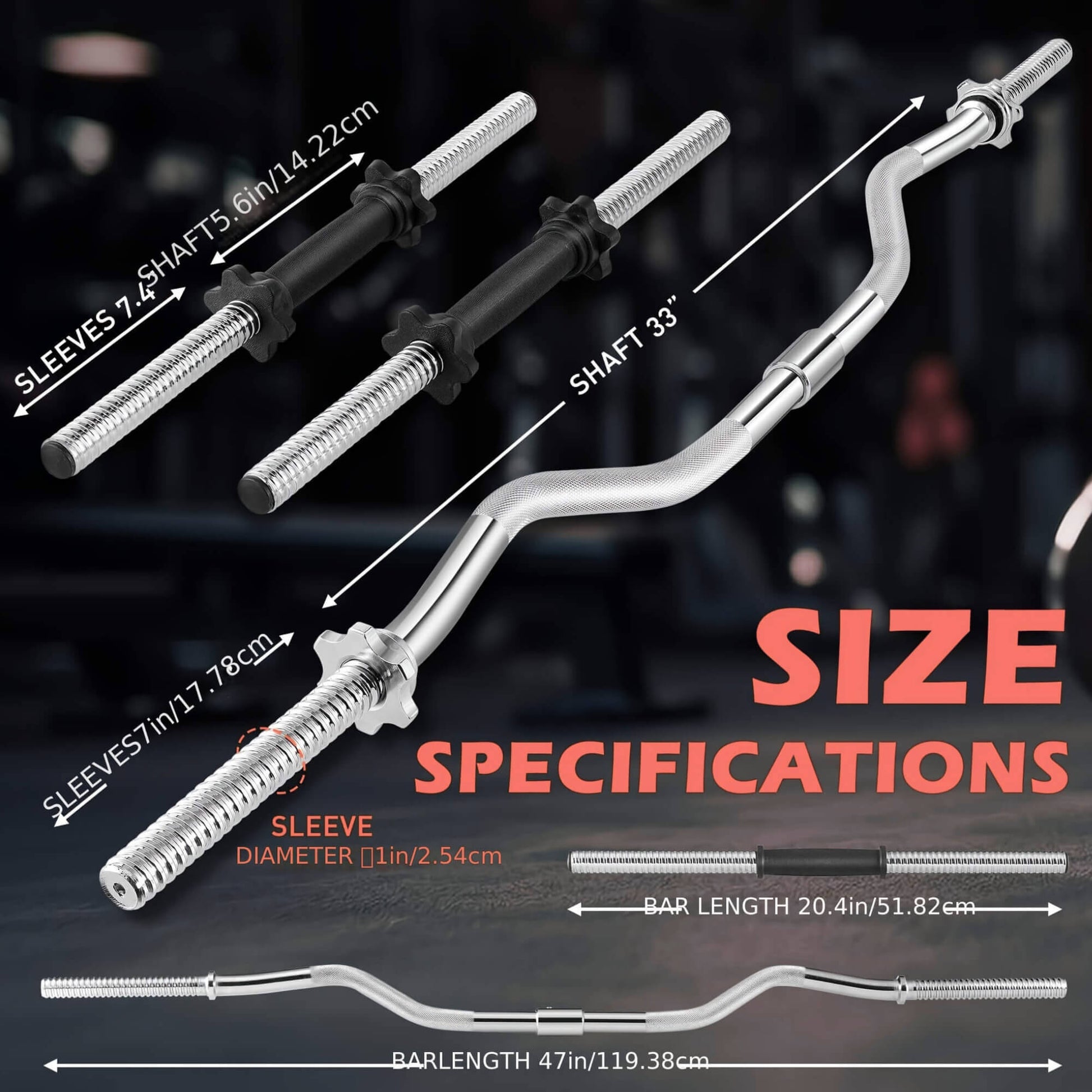 Barbell with size specifications labeled on a dark background