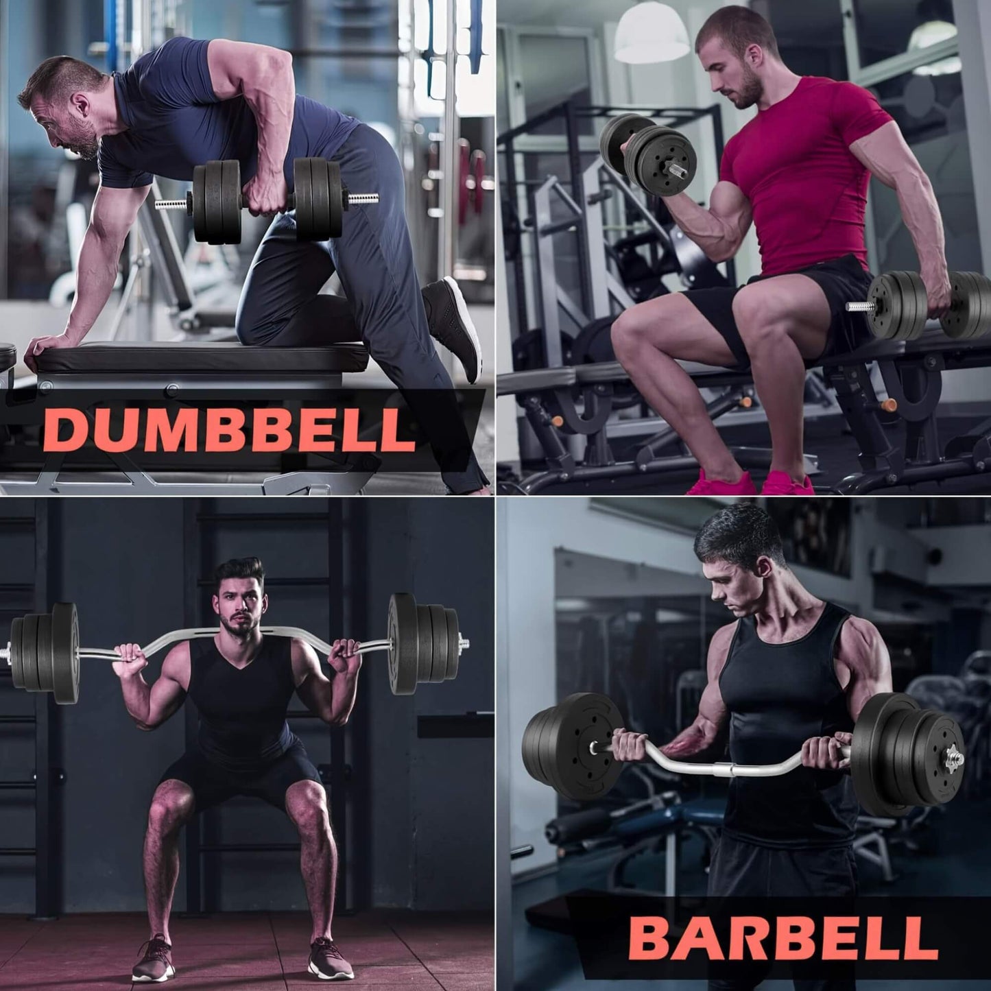 Four different images of a man exercising with dumbbells and barbells in a gym setting.