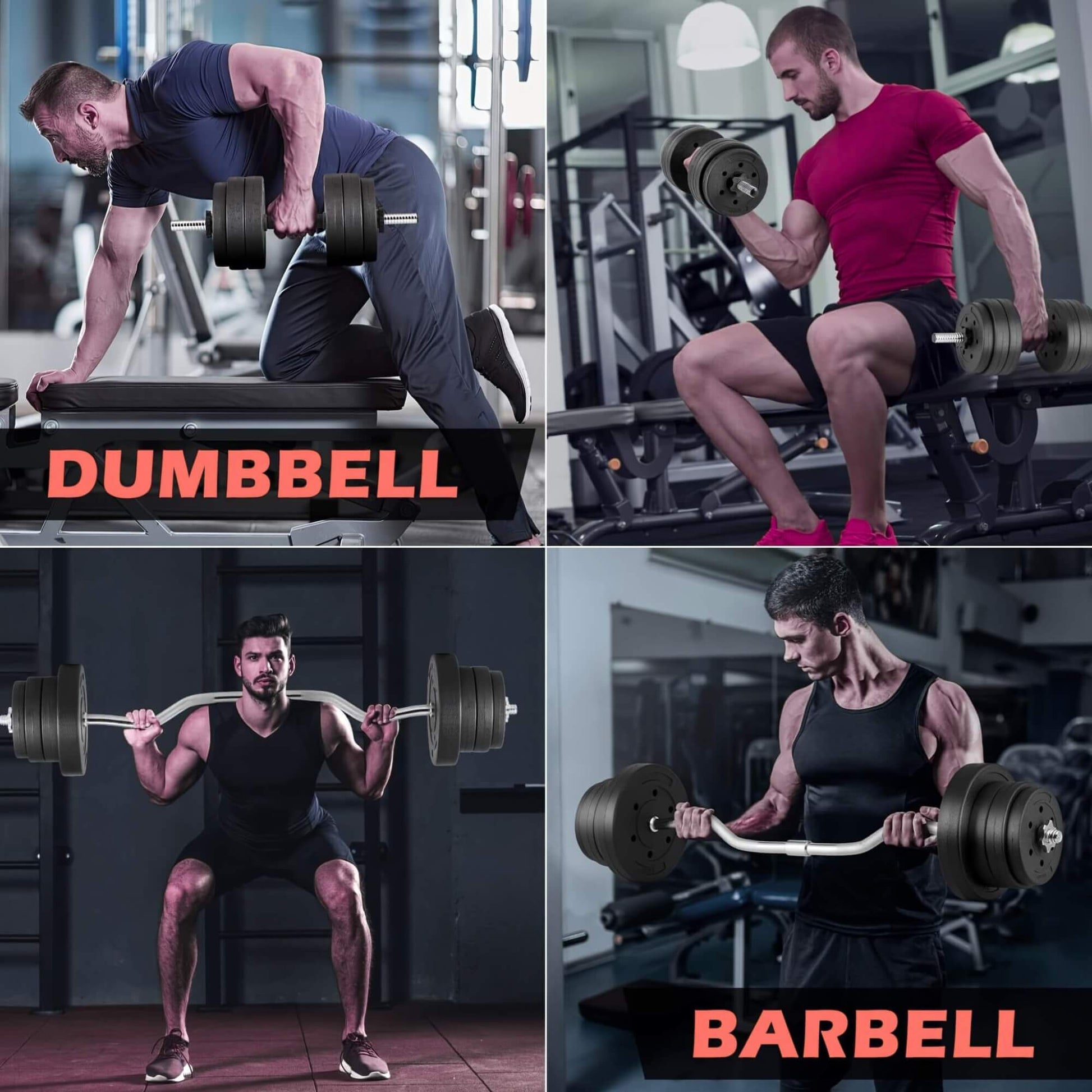Four different images of a man exercising with dumbbells and barbells in a gym setting.