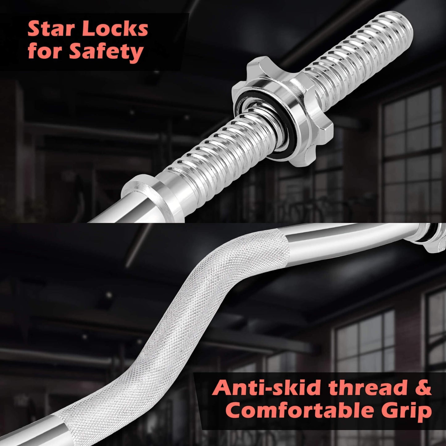 Close-up of a gym bar with star locks and anti-skid thread, set against a blurred indoor background.