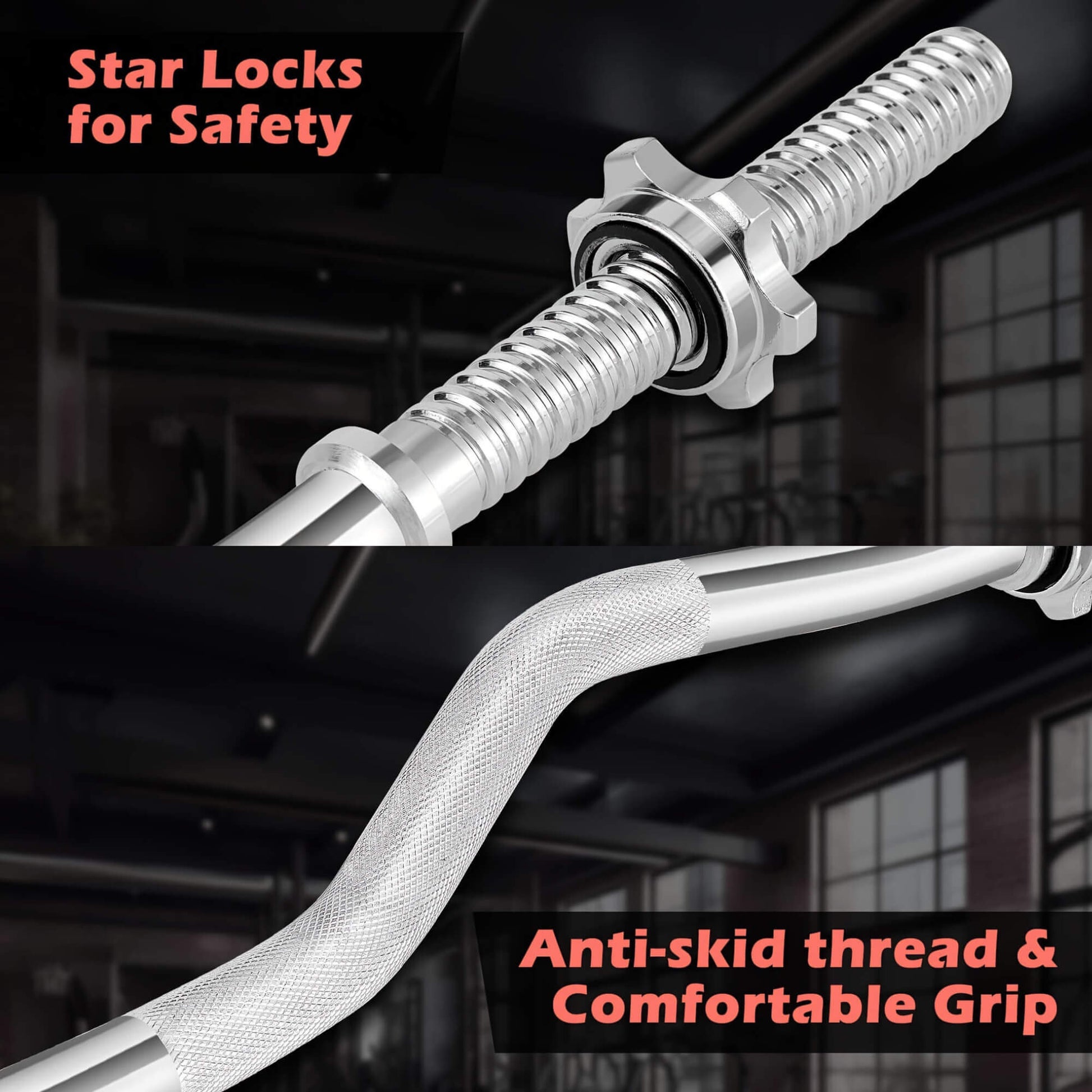 Close-up of a gym bar with star locks and anti-skid thread, set against a blurred indoor background.