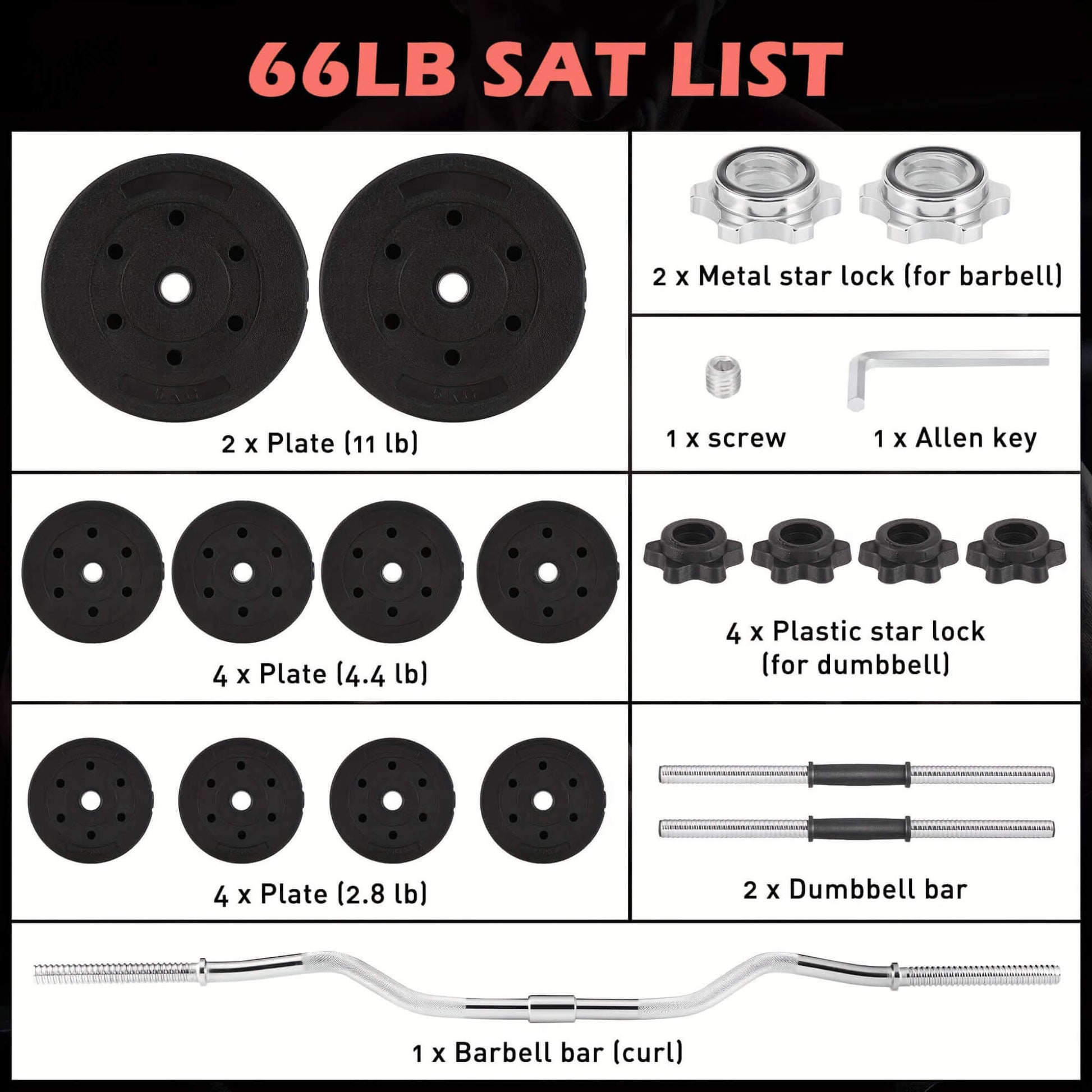 List of weightlifting equipment components with their quantities and details.