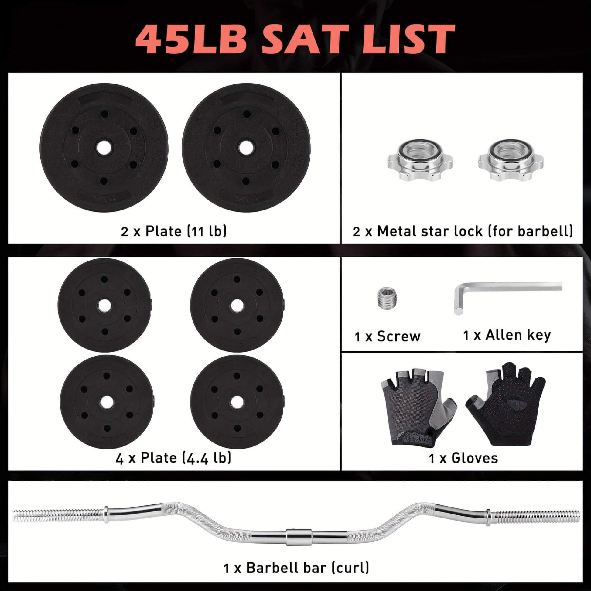 List of items included in a 45-pound set for weightlifting, including plates, star locks, a screw, an Allen key, gloves, and a barbell.