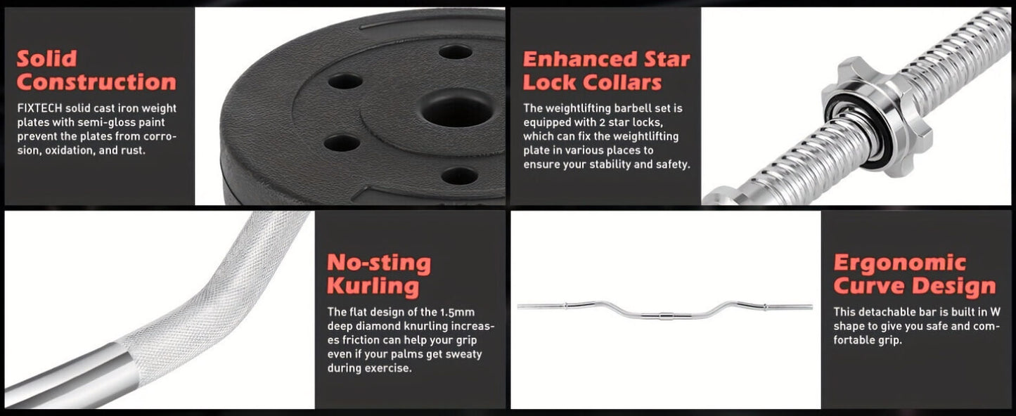 Product features including solid construction, star lock collars, no-sting curling, and ergonomic curve design on a black background.
