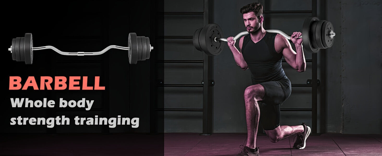 Person performing squats with a barbell on a dark background, with text about barbell whole body strength training.