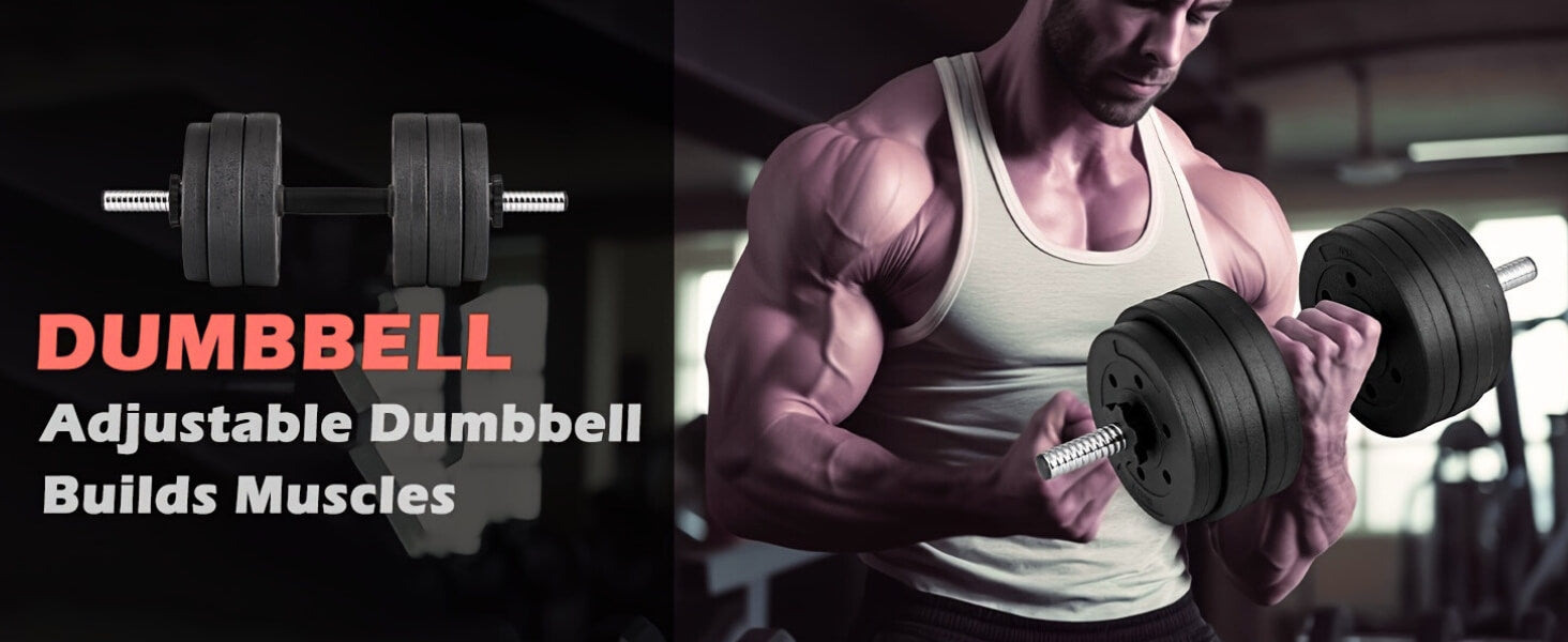 Person lifting adjustable dumbbells with text about building muscles