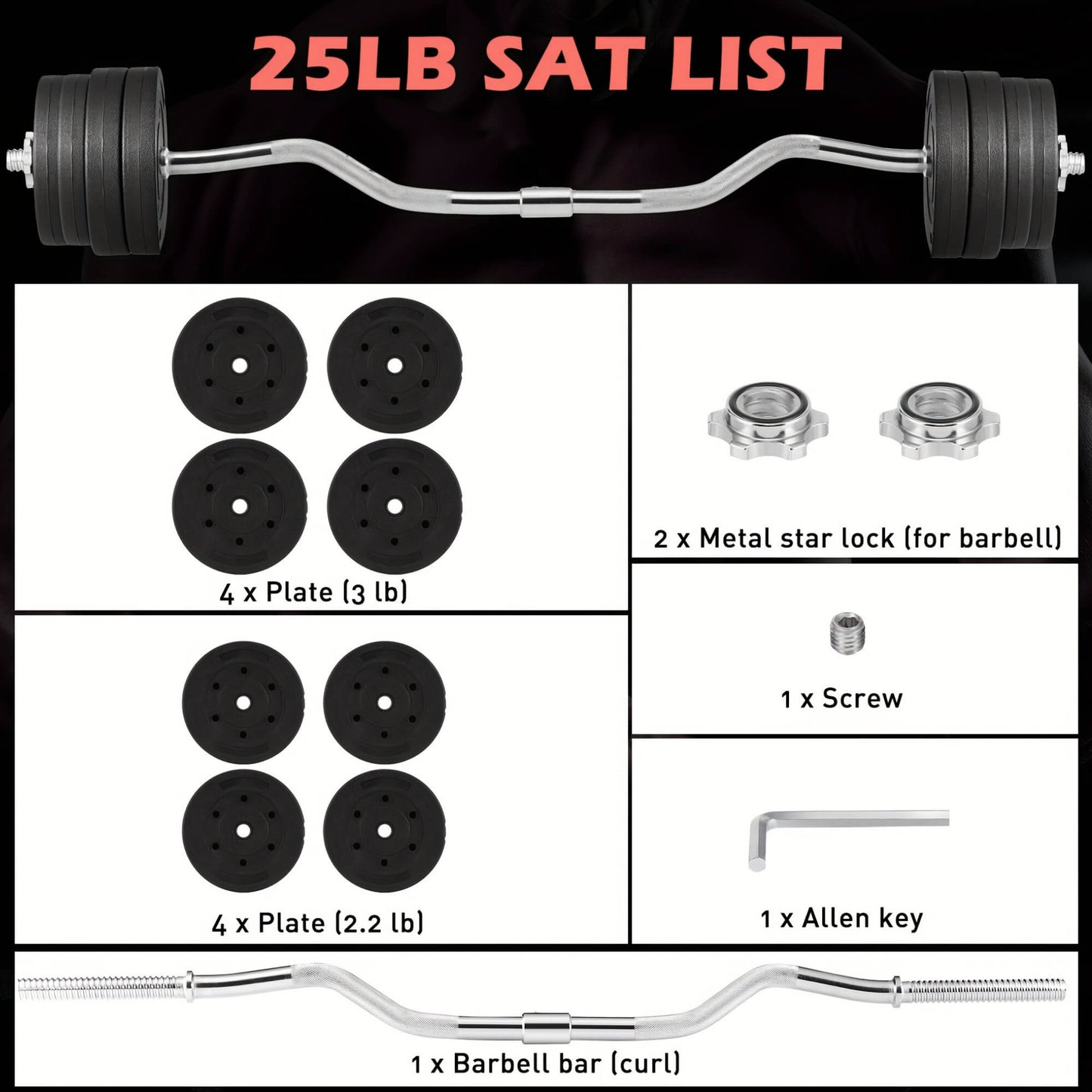 Barbell set with weight plates and accessories on a white background