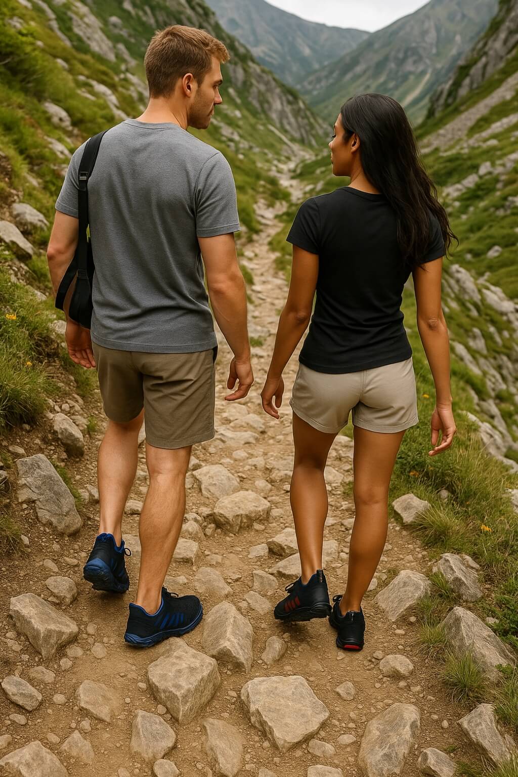 Two people hiking on a rocky mountain path wearing barefoot hiking shoes