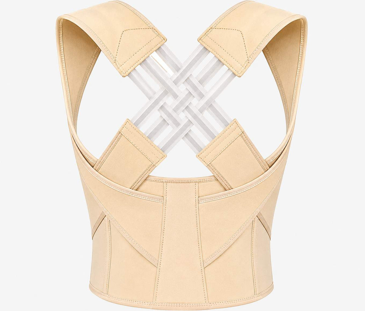 Beige posture corrector brace with adjustable straps and a white crisscross support structure in the back, shown on a light gray background.