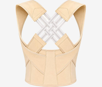Beige posture corrector brace with adjustable straps and a white crisscross support structure in the back, shown on a light gray background.