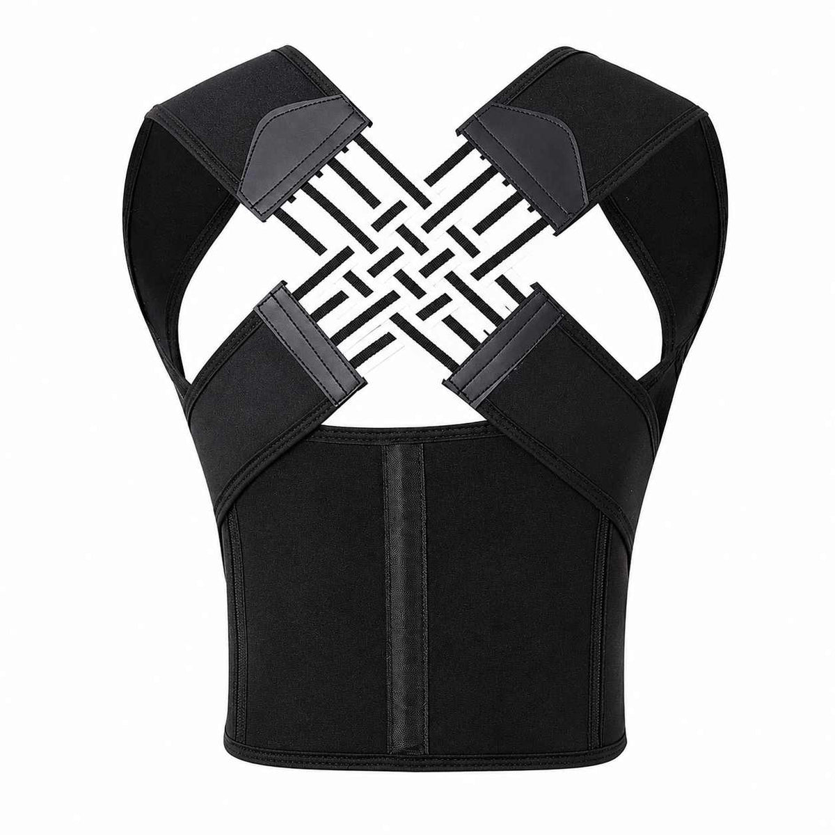 Black posture corrector brace with a supportive crisscross back strap and waist support, shown on a plain white background.