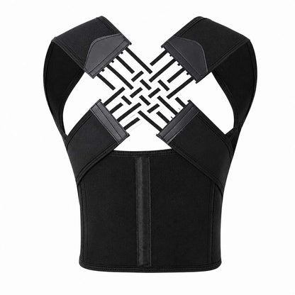 Black posture corrector brace with a supportive crisscross back strap and waist support, shown on a plain white background.