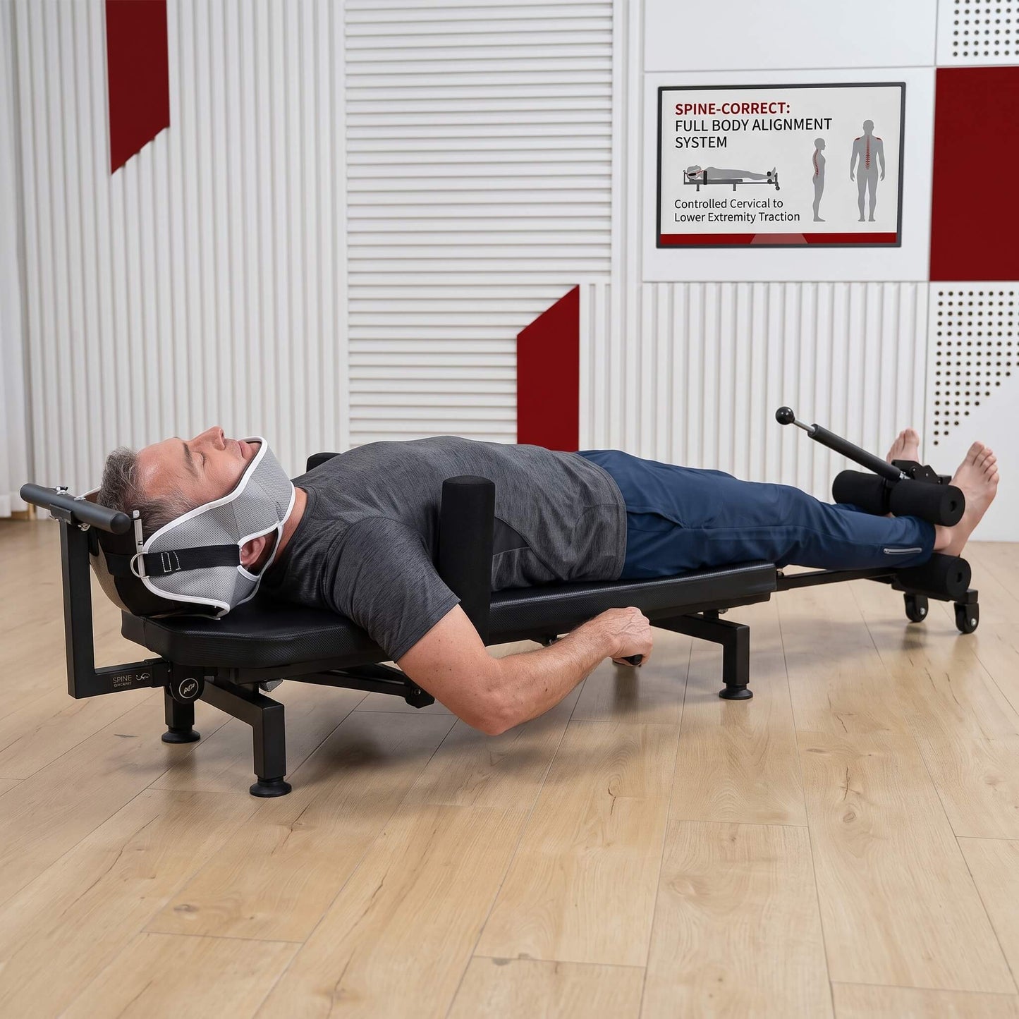 Person using a Full Body Stretching Machine with Cervical Traction & Spinal Decompression on a wooden floor with a white wall in the background.