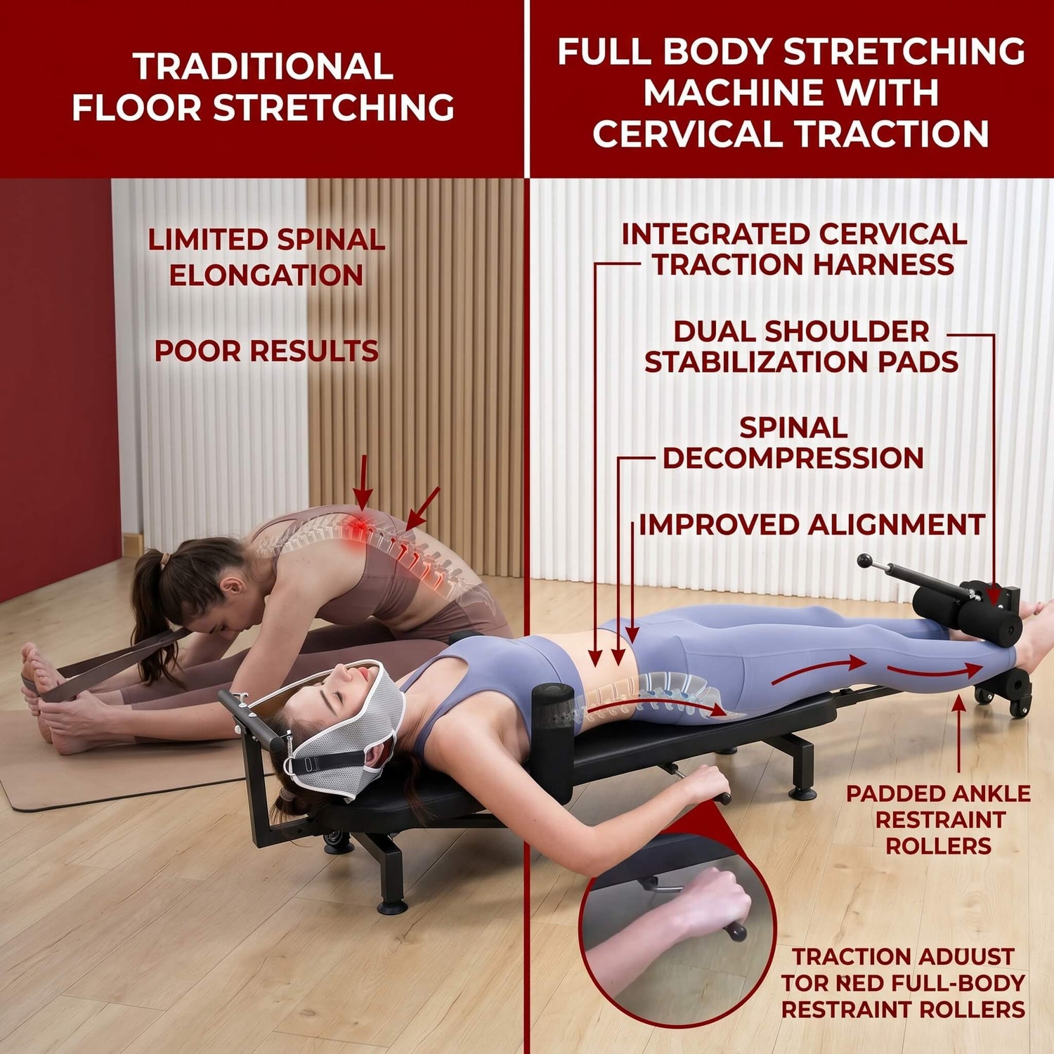 Comparing traditional floor stretching methods and using the full body stretching machin with cervical traction