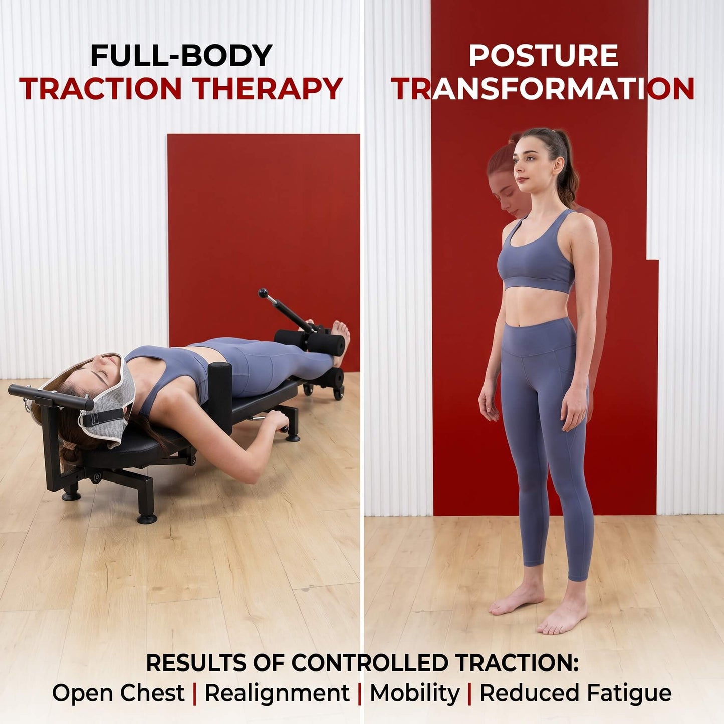 Person using a Full Body Stretching Machine with Cervical Traction & Spinal Decompressione and standing after posture transformation.
