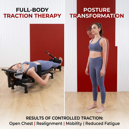 Person using a Full Body Stretching Machine with Cervical Traction & Spinal Decompressione and standing after posture transformation.