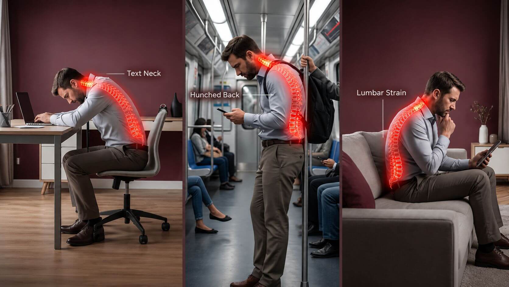 Collage of a man experiencing text neck, hunched back, and lumbar strain due to daily spinal compression.