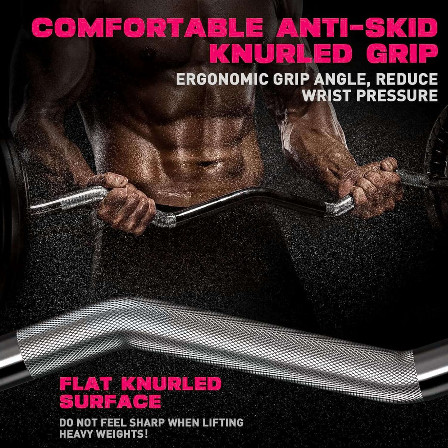 Barbell with knurled grip and text about comfort, anti-skid properties, and ergonomic design.