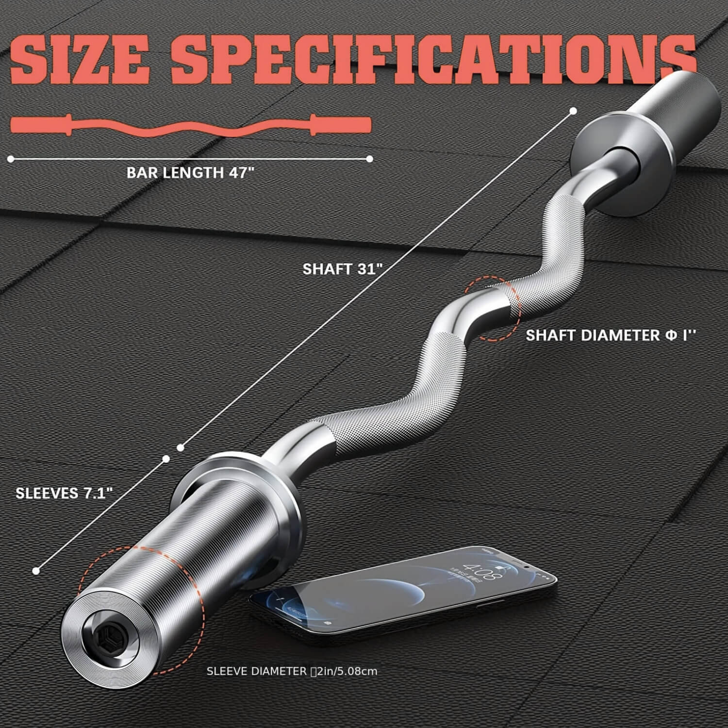 Curved barbell with size specifications on a black background