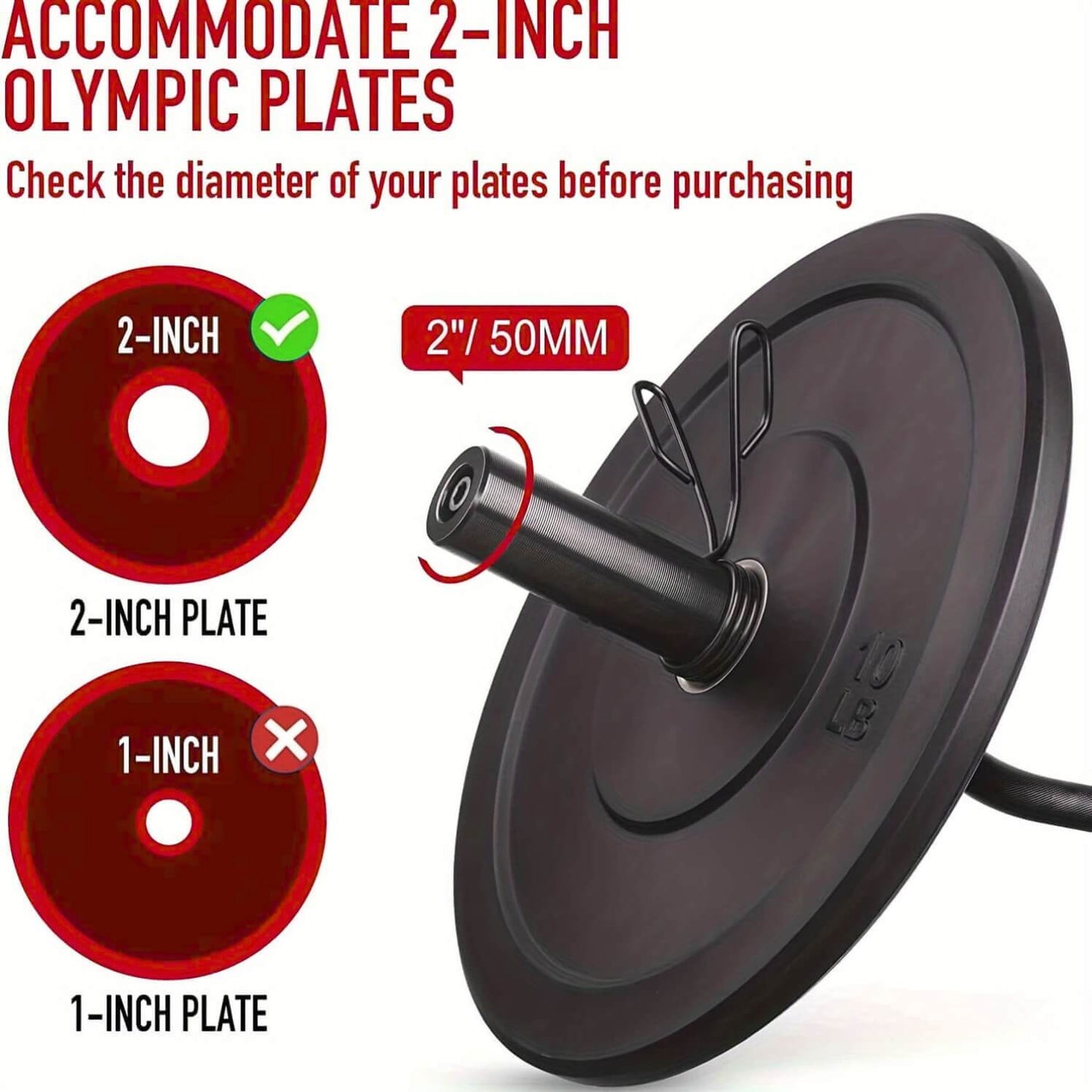 Black weight plate with red text and graphics indicating 2-inch Olympic plates.