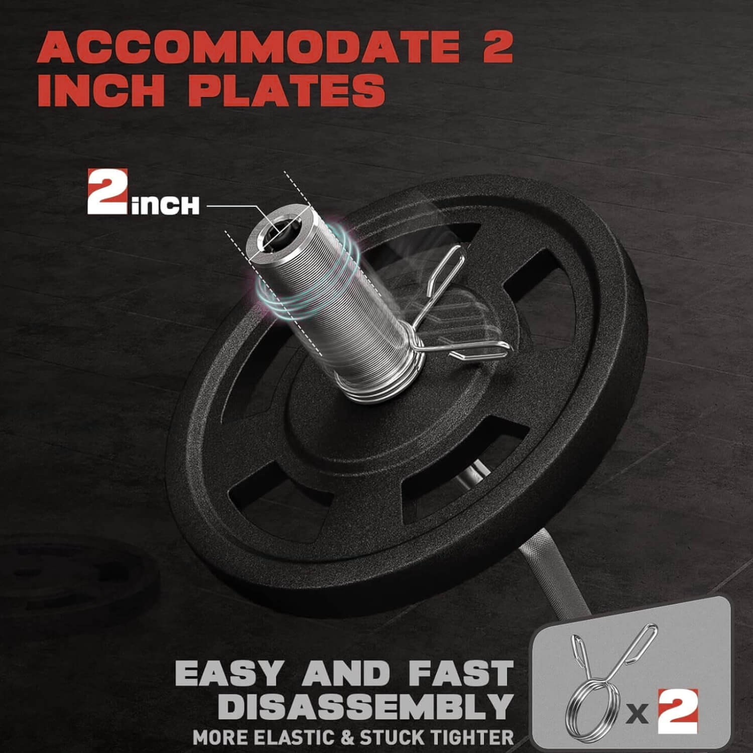 Black weight plate with a 2-inch diameter label on a dark background, featuring text about accommodating 2-inch plates.