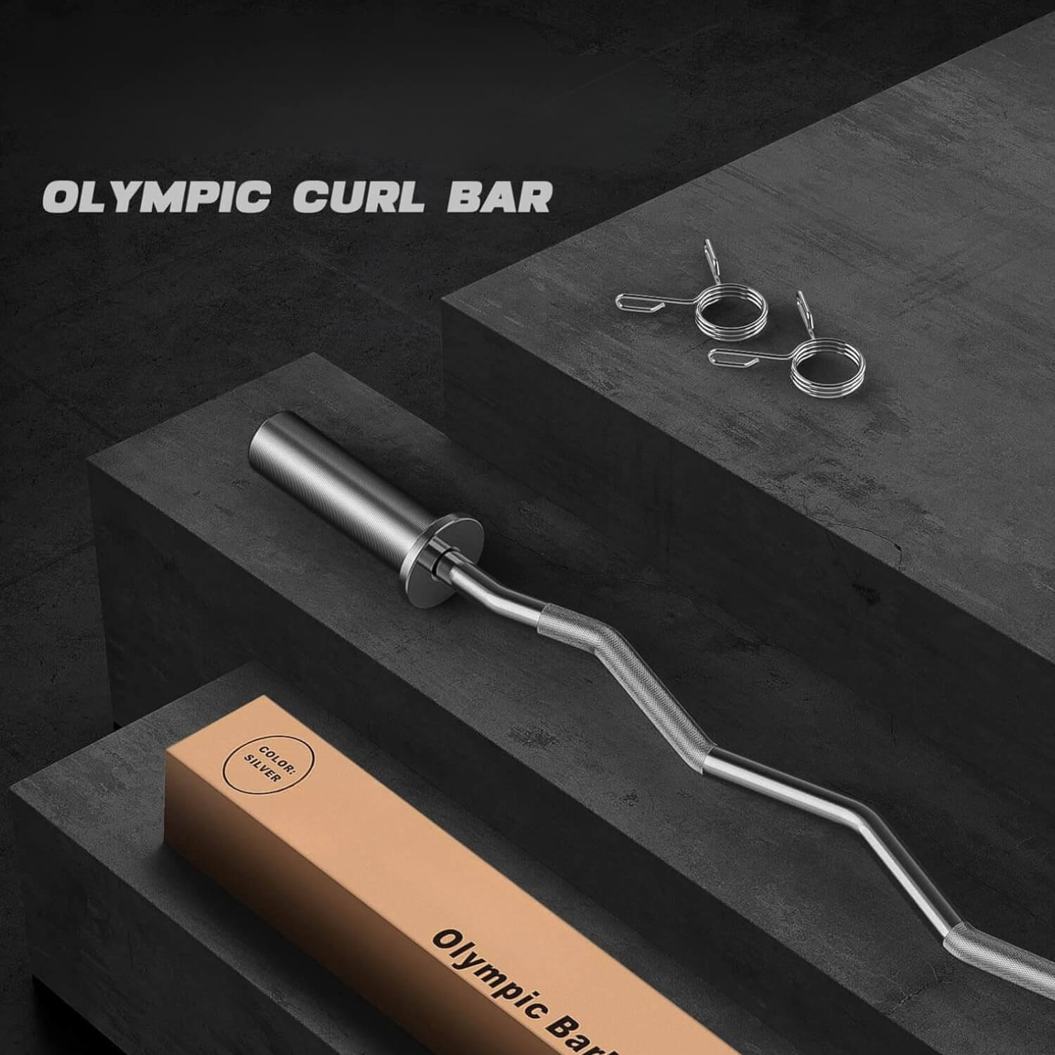 Olympic curl bar with weight plates on a dark surface
