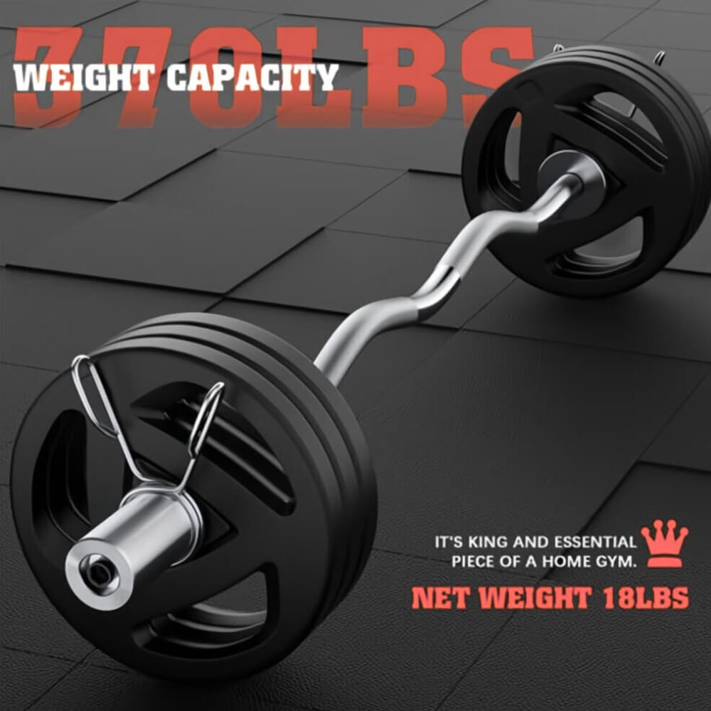 Barbell with weight capacity text on a dark tiled floor background