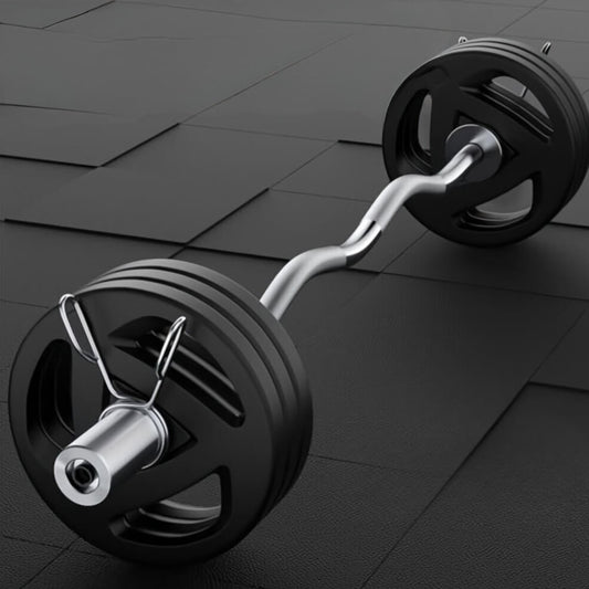 Barbell with weight capacity text on a dark tiled floor background