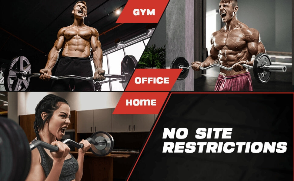 Collage of people exercising with barbells labeled 'Gym', 'Office', and 'Home' with a text overlay 'NO SITE RESTRICTIONS'.