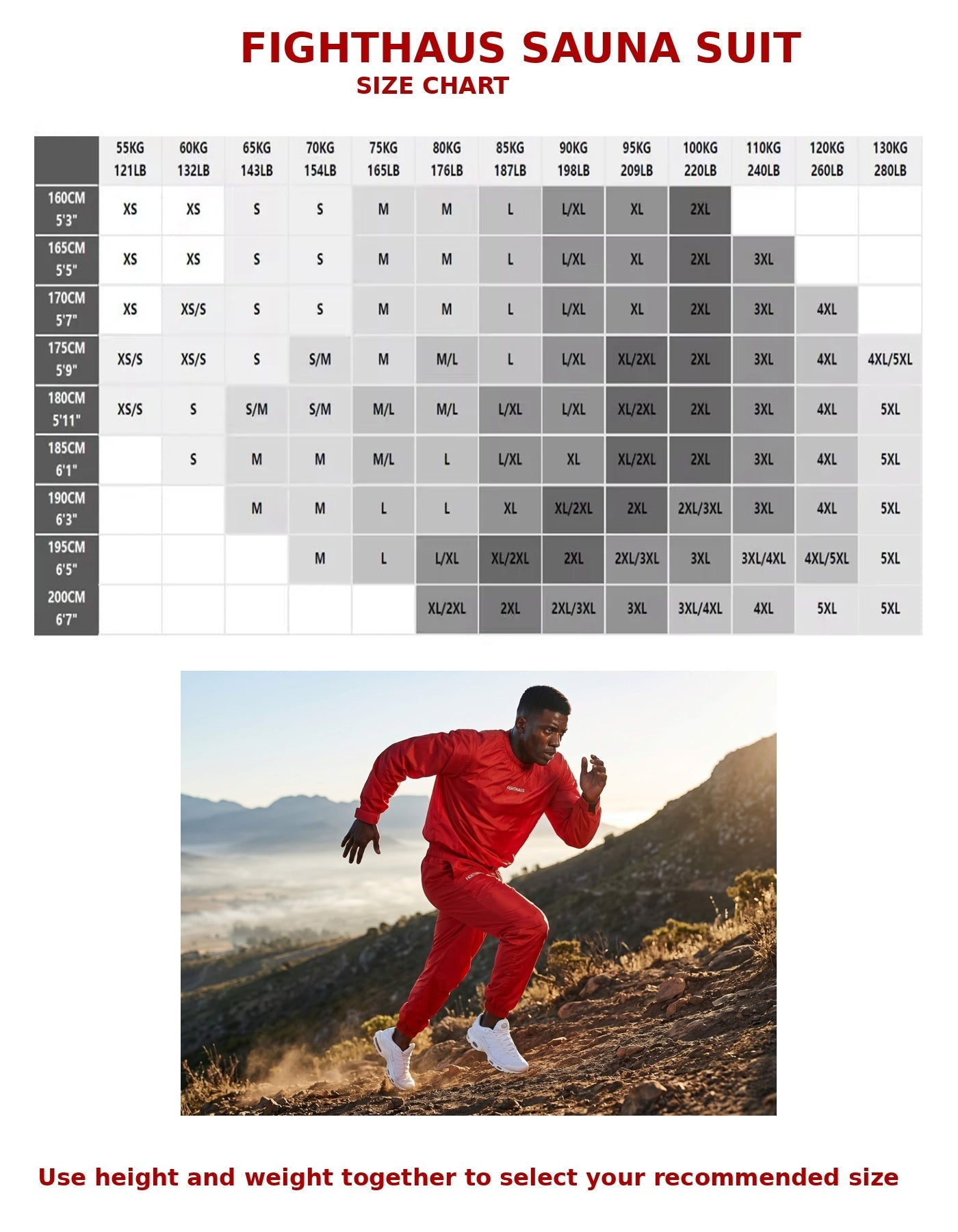 Fighthaus sauna suit size chart with a person wearing the suit outdoors.