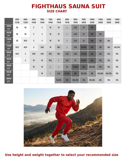 Fighthaus sauna suit size chart with a person wearing the suit outdoors.