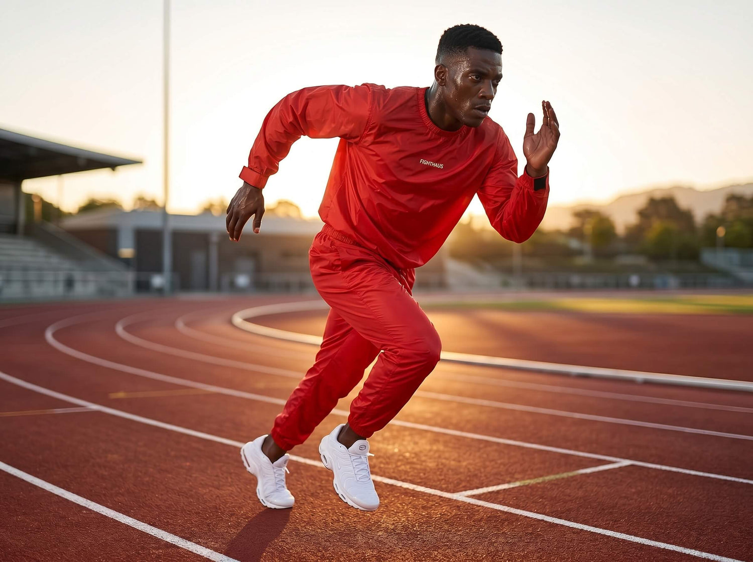A man in a red sauna suit running on a track at sunset