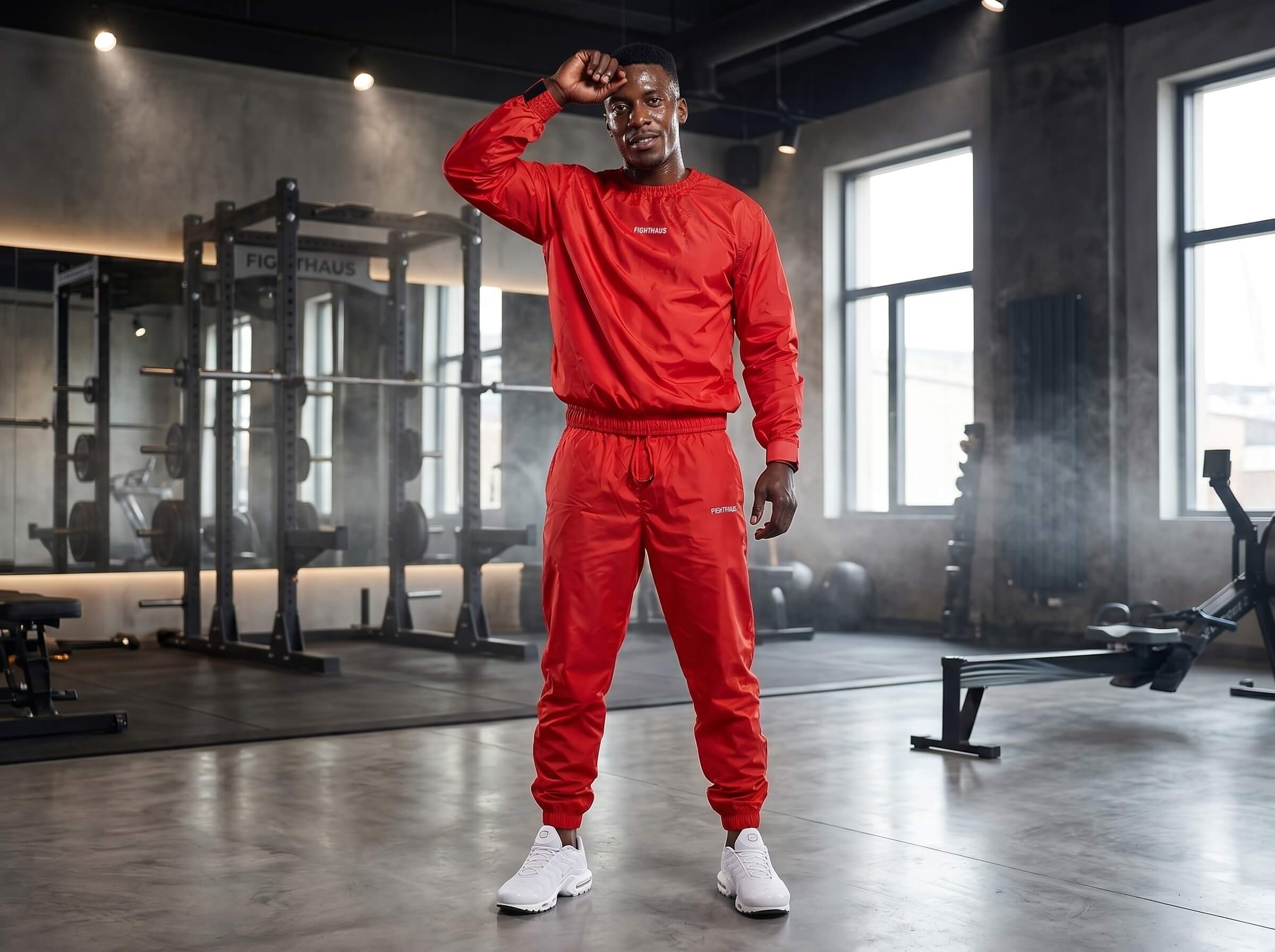 A man wearing a red sauna suit in a gym setting