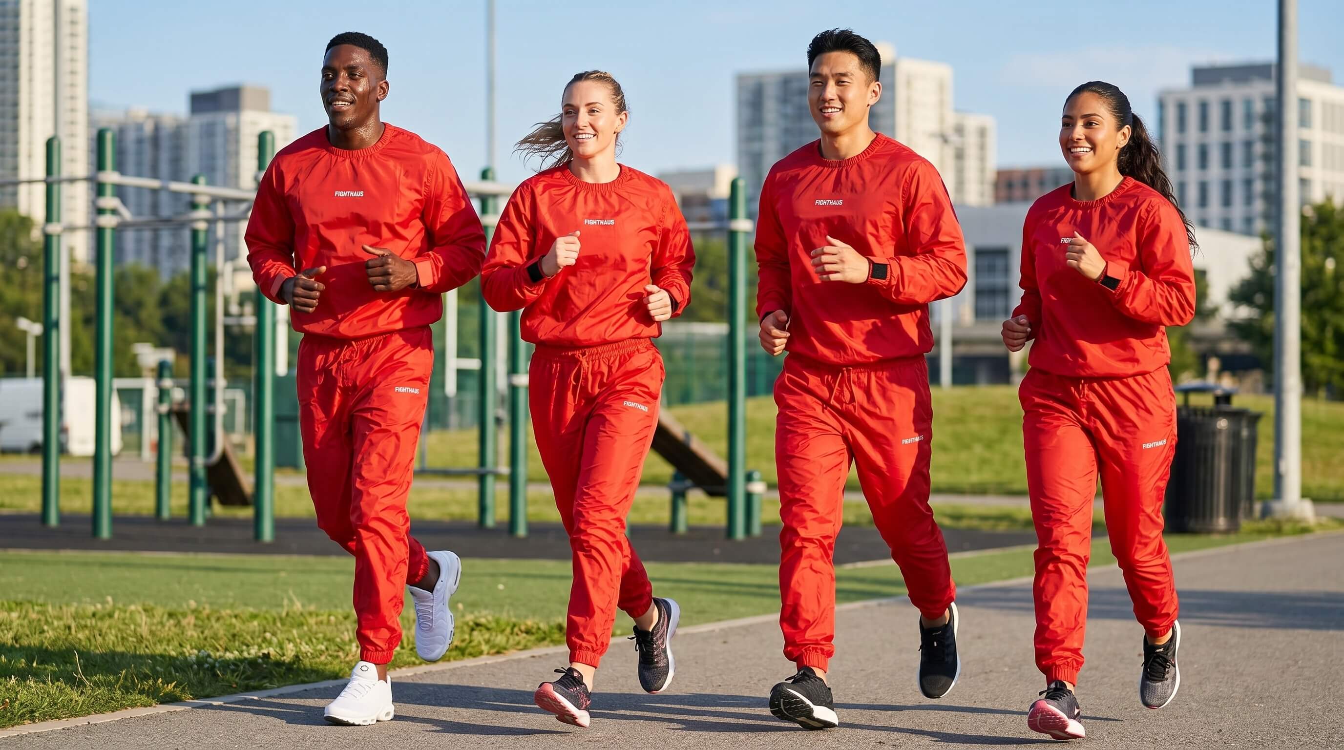 Four people in red sauna suits running outdoors on a path with buildings in the background.