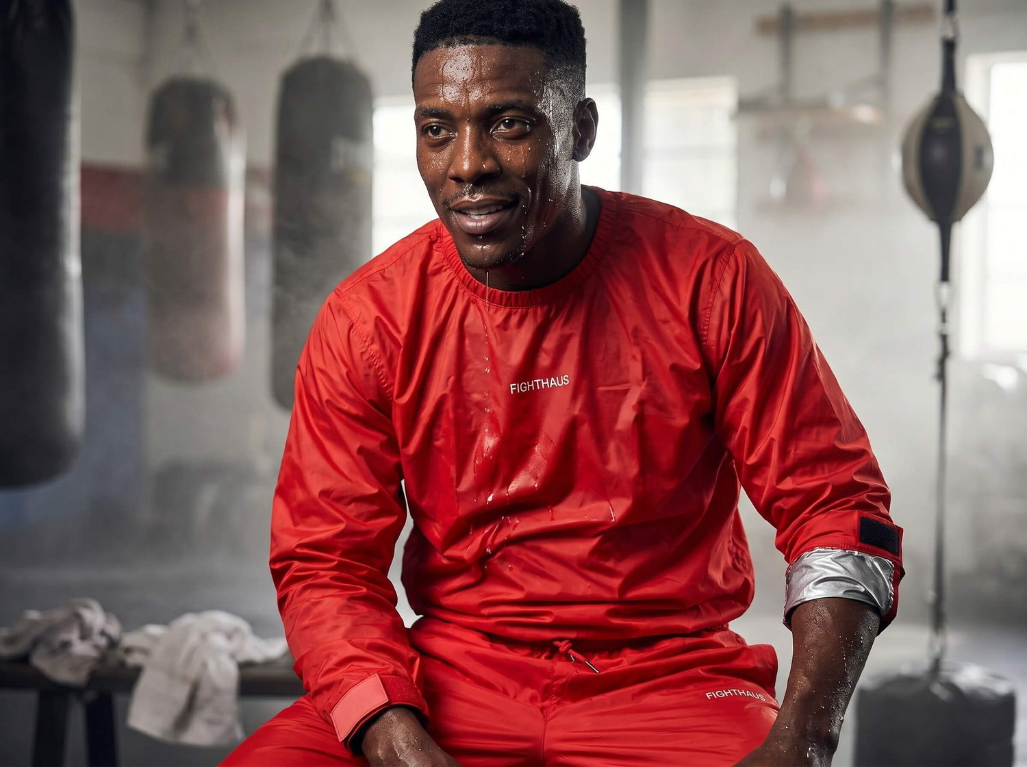 Person wearing a red sauna suit with 'FIGHTHOUSE' branding in a boxing gym.