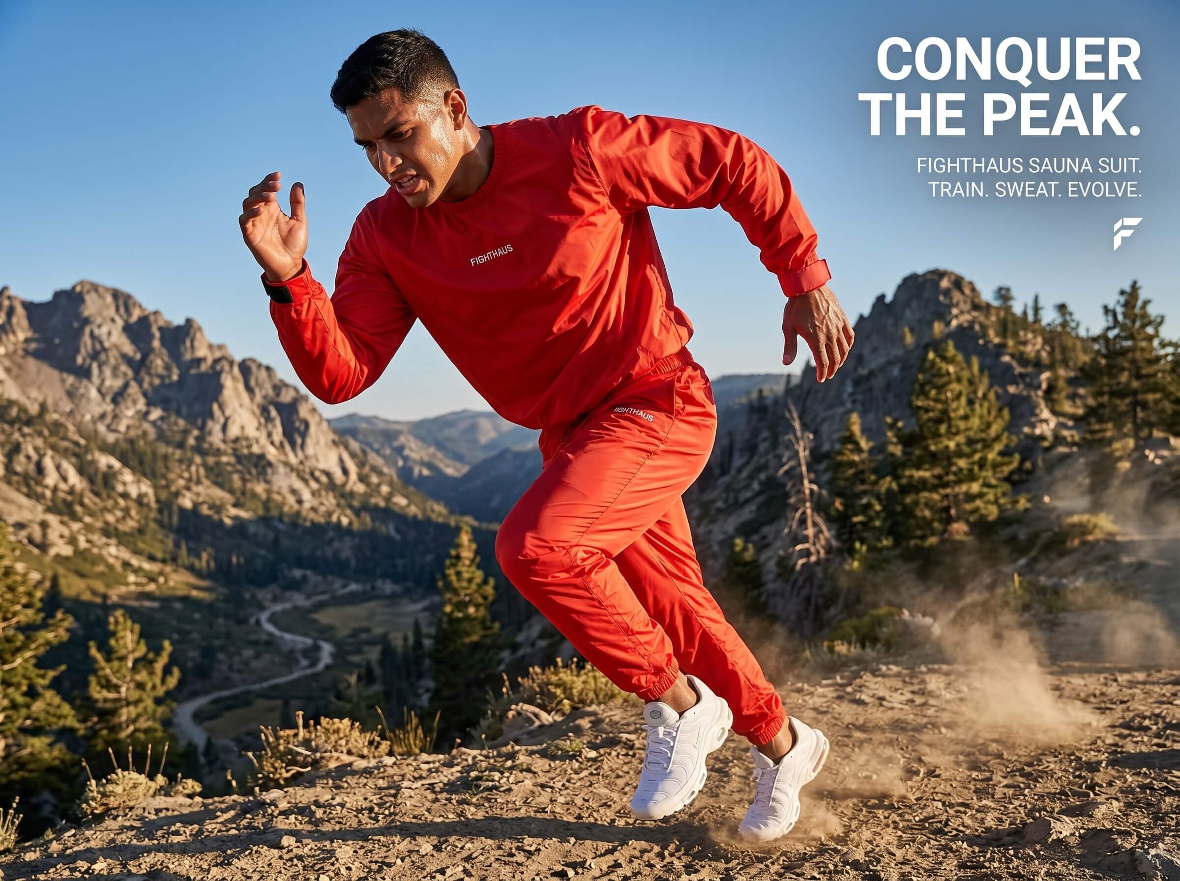 Person in red sauna suit running on a mountain trail with promotional text overlay.