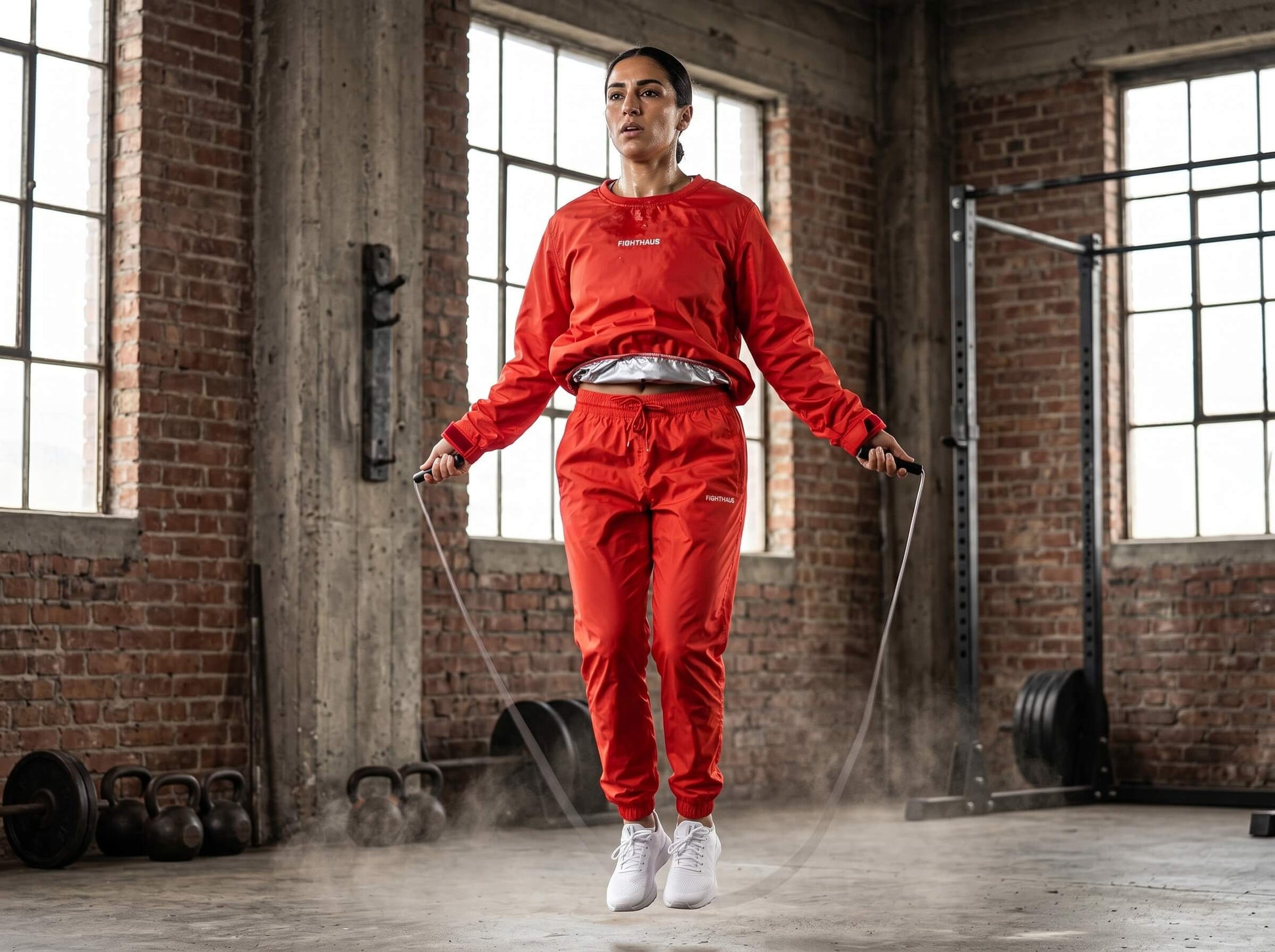 Person in red sauna suit jump roping in a gym setting