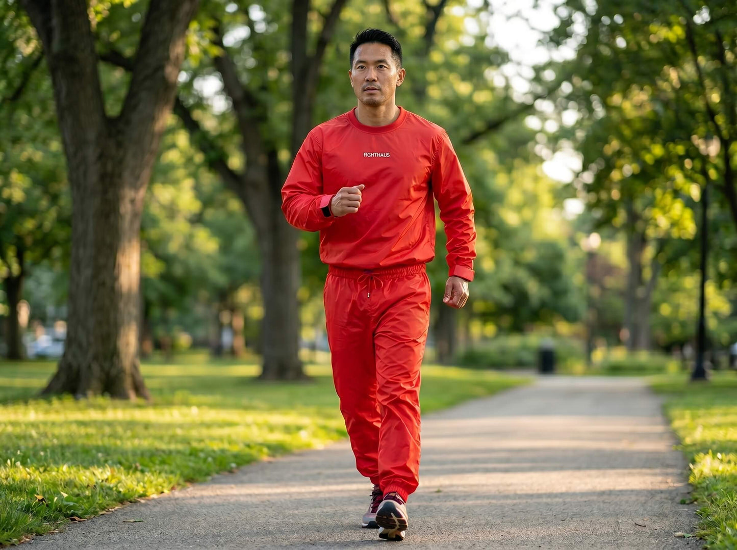 Man in a red sauna suit walking in a park