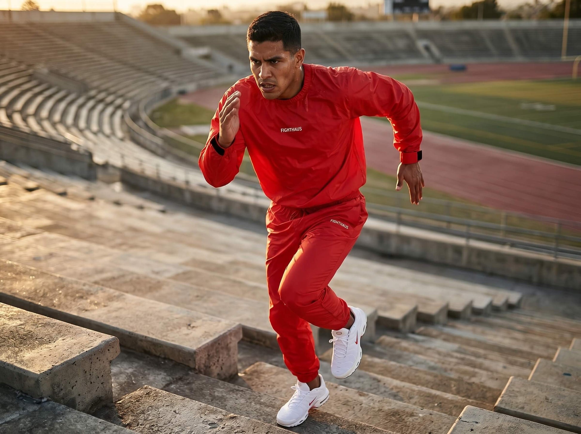 Person in a red sauna suit running on steps in an outdoor stadium.