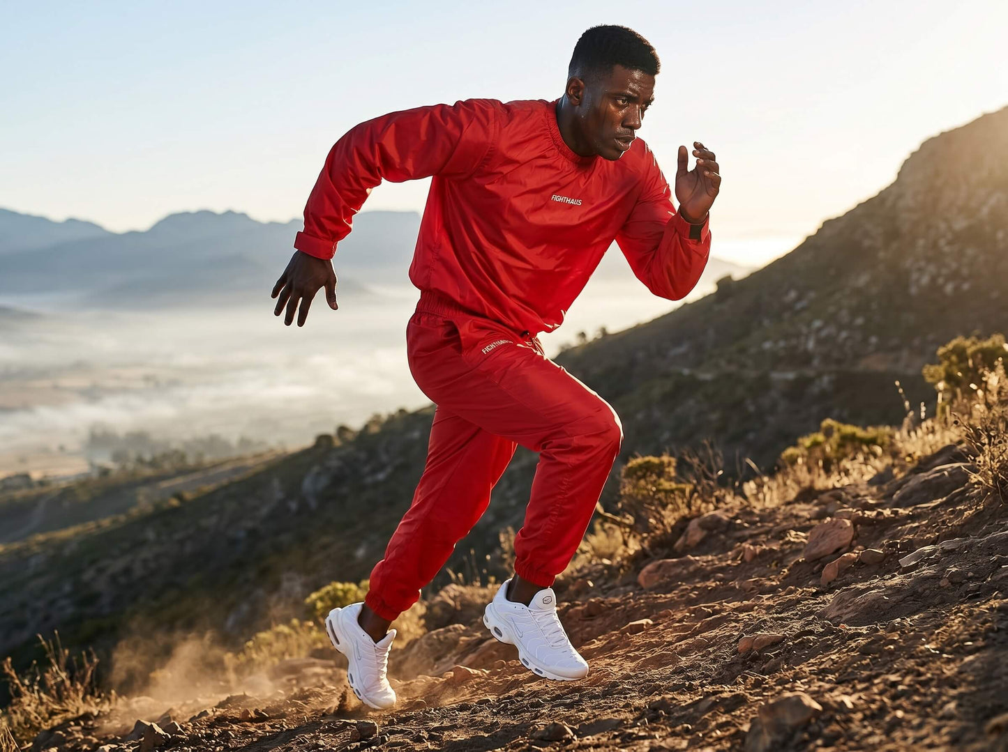 Man running on a mountain trail wearing a red sauna suit with a visible brand logo.