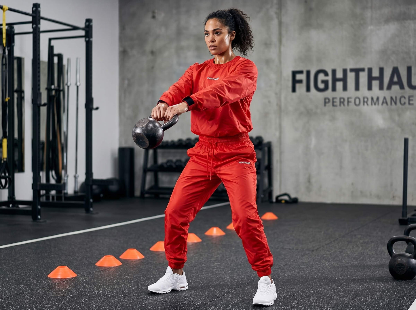 Person in red sauna suit lifting a kettlebell in a gym setting with 'FIGHTHA' branding.