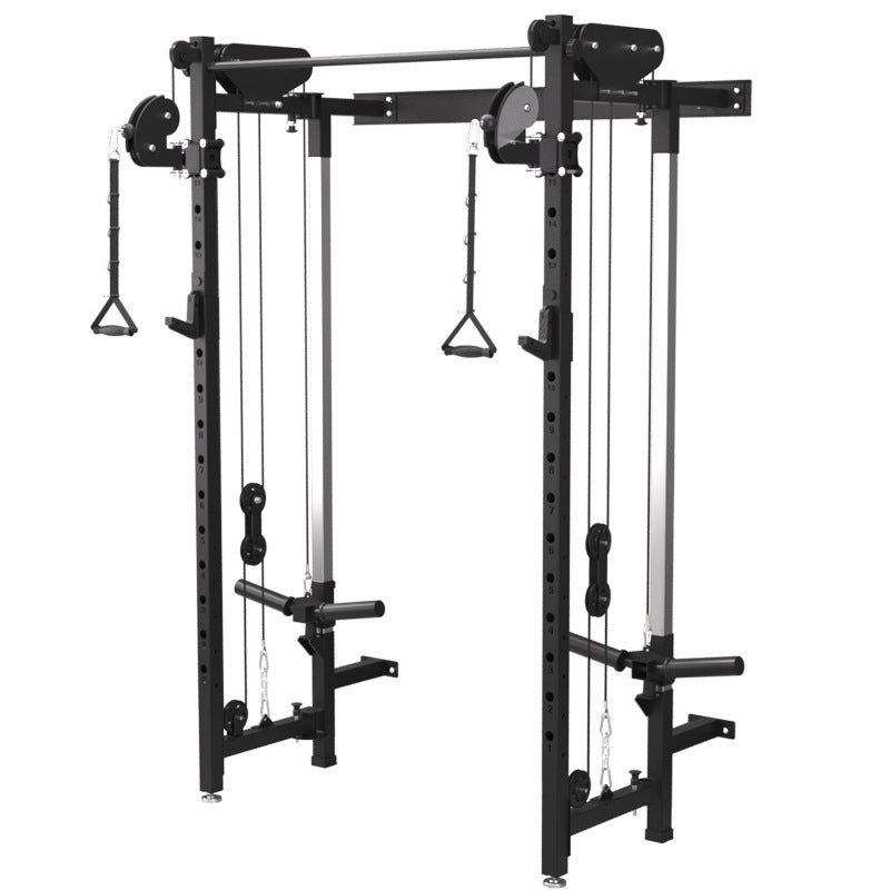 Black gym power cage with various attachments on a white background