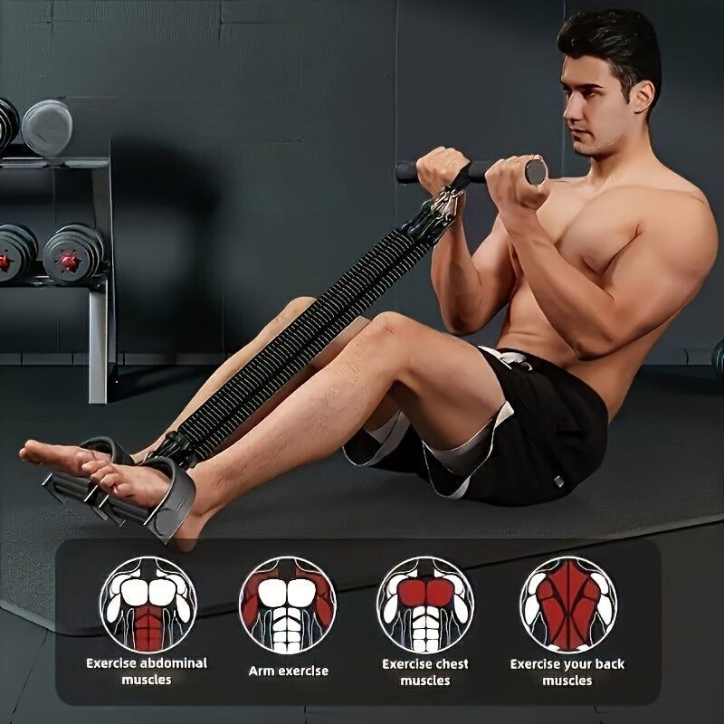 Man exercising with a Foot Pedal Resistance Band, surrounded by gym equipment.