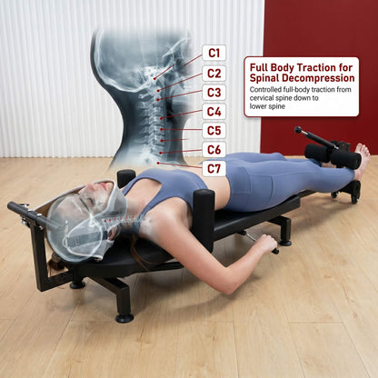 Person lying on a spinal decompression machine with an X-ray of a spine in the background.